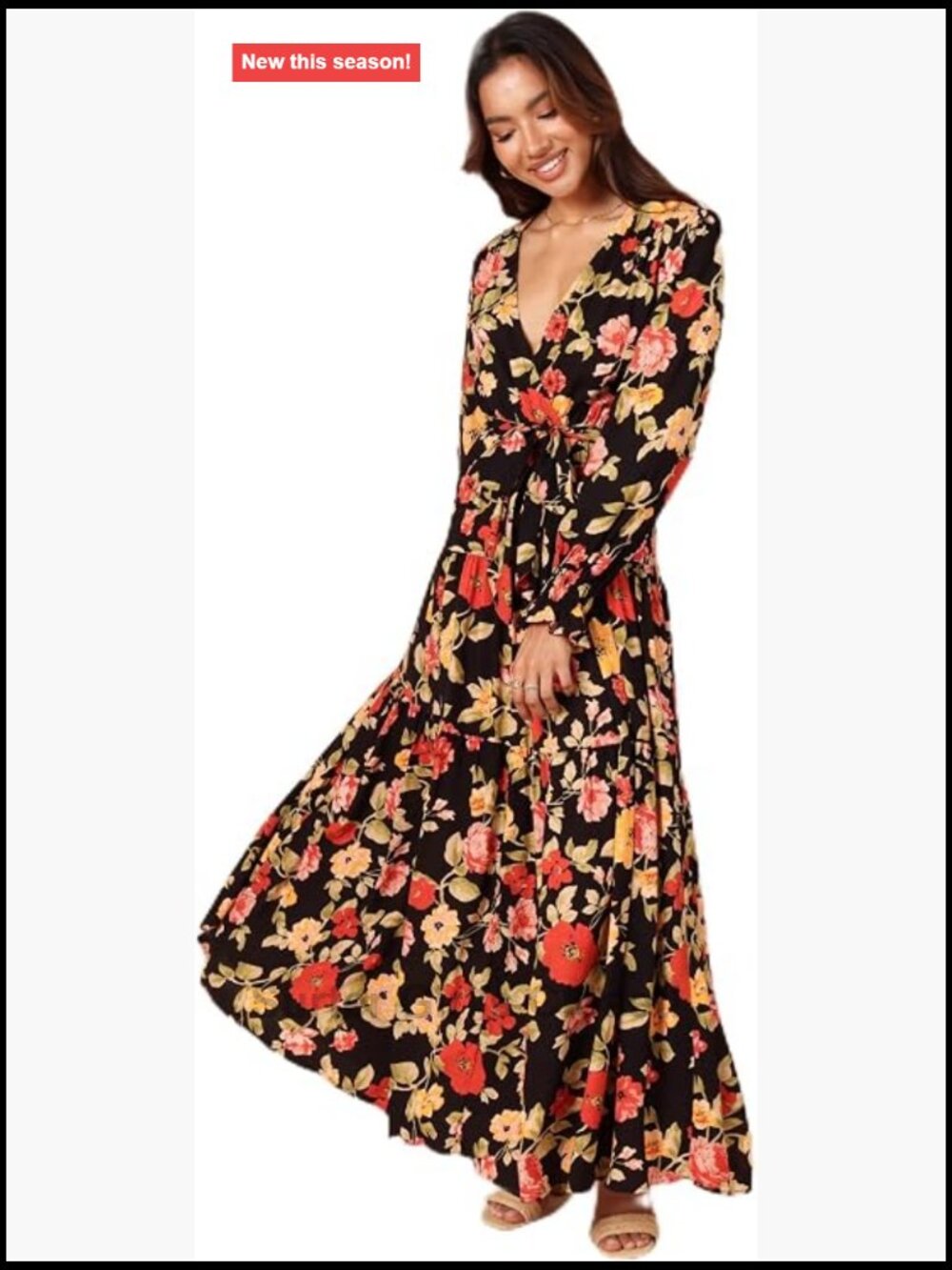 Ruana Maxi Dress with V-Neck Long Sleeve Ruffle Hem A-Line Floral